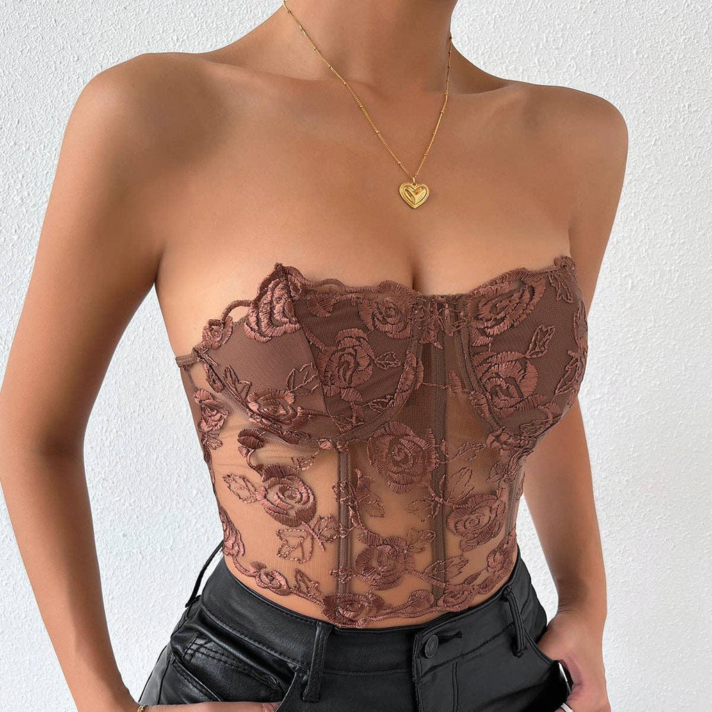 Ladies Sexy Rose Lace Strapless Corset