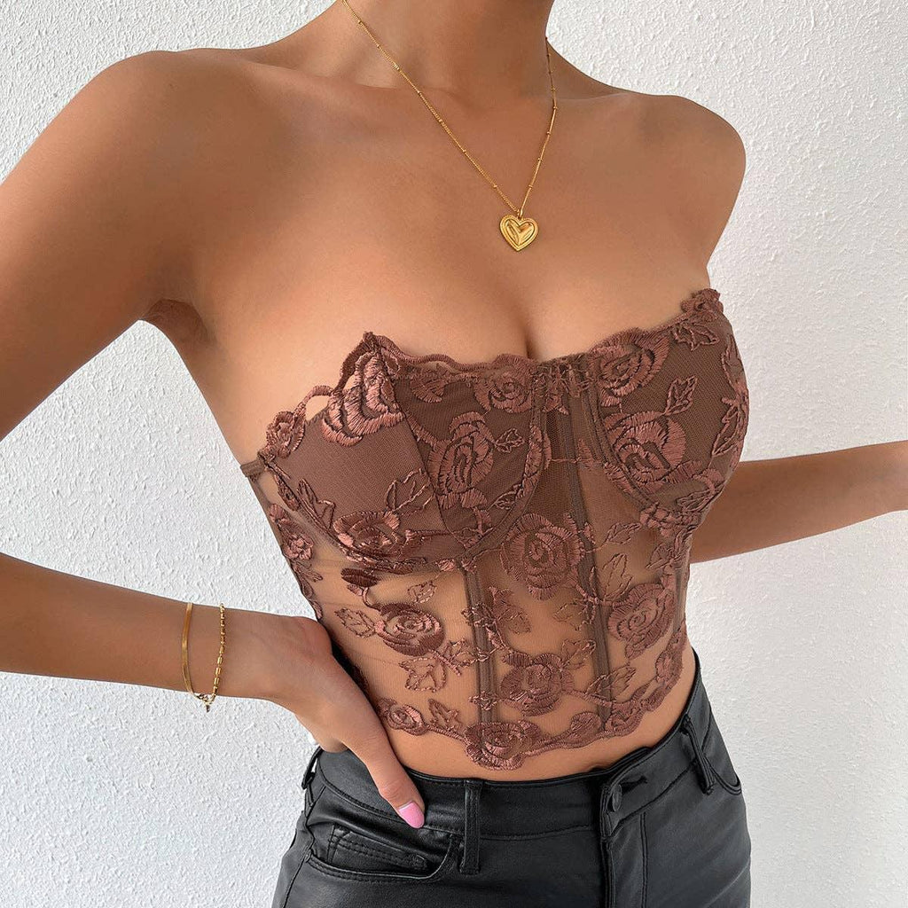 Ladies Sexy Rose Lace Strapless Corset