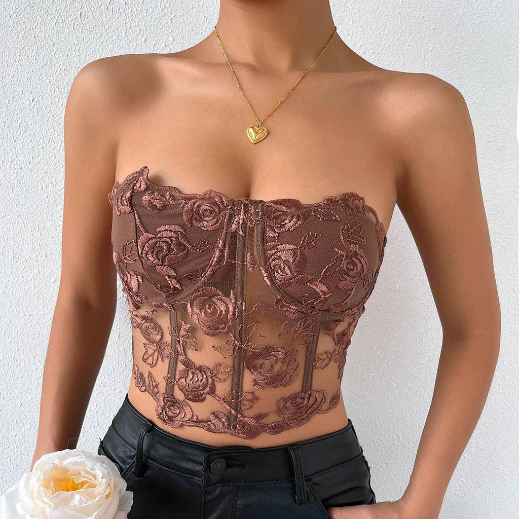Ladies Sexy Rose Lace Strapless Corset