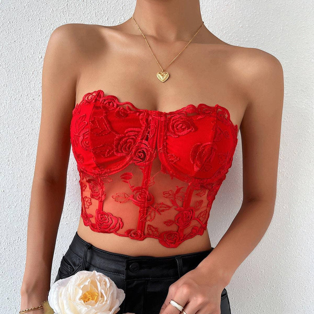 Ladies Sexy Rose Lace Strapless Corset