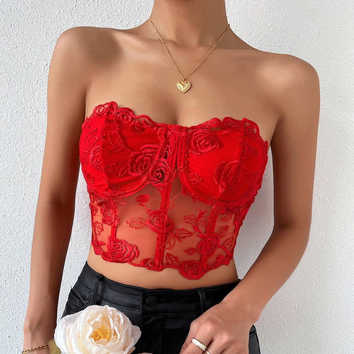 Ladies Sexy Rose Lace Strapless Corset