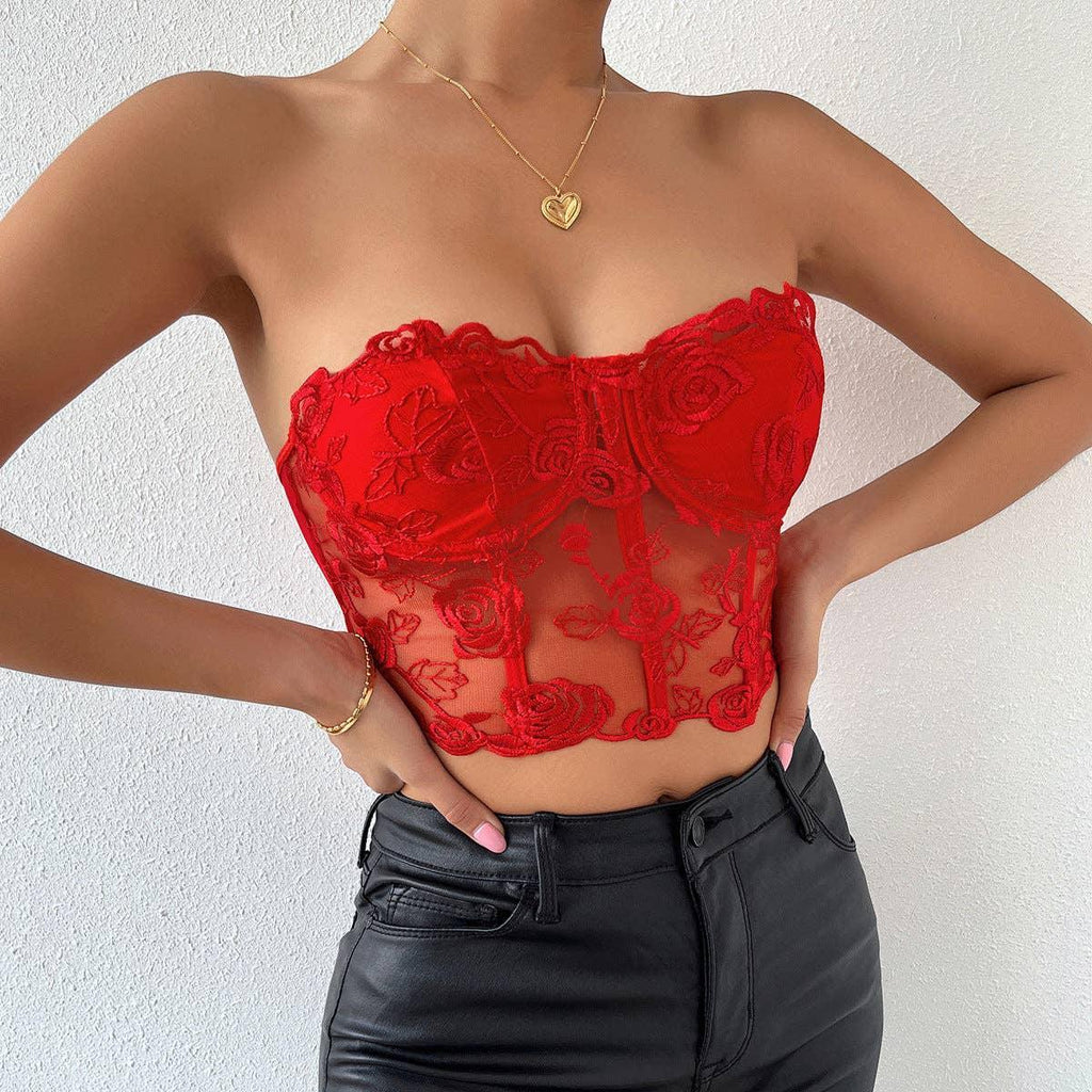 Ladies Sexy Rose Lace Strapless Corset