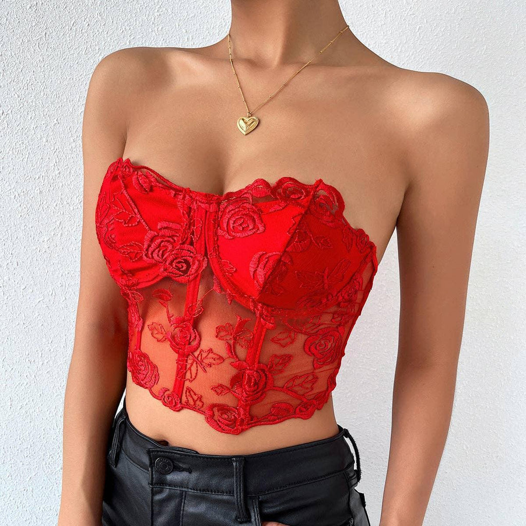 Ladies Sexy Rose Lace Strapless Corset