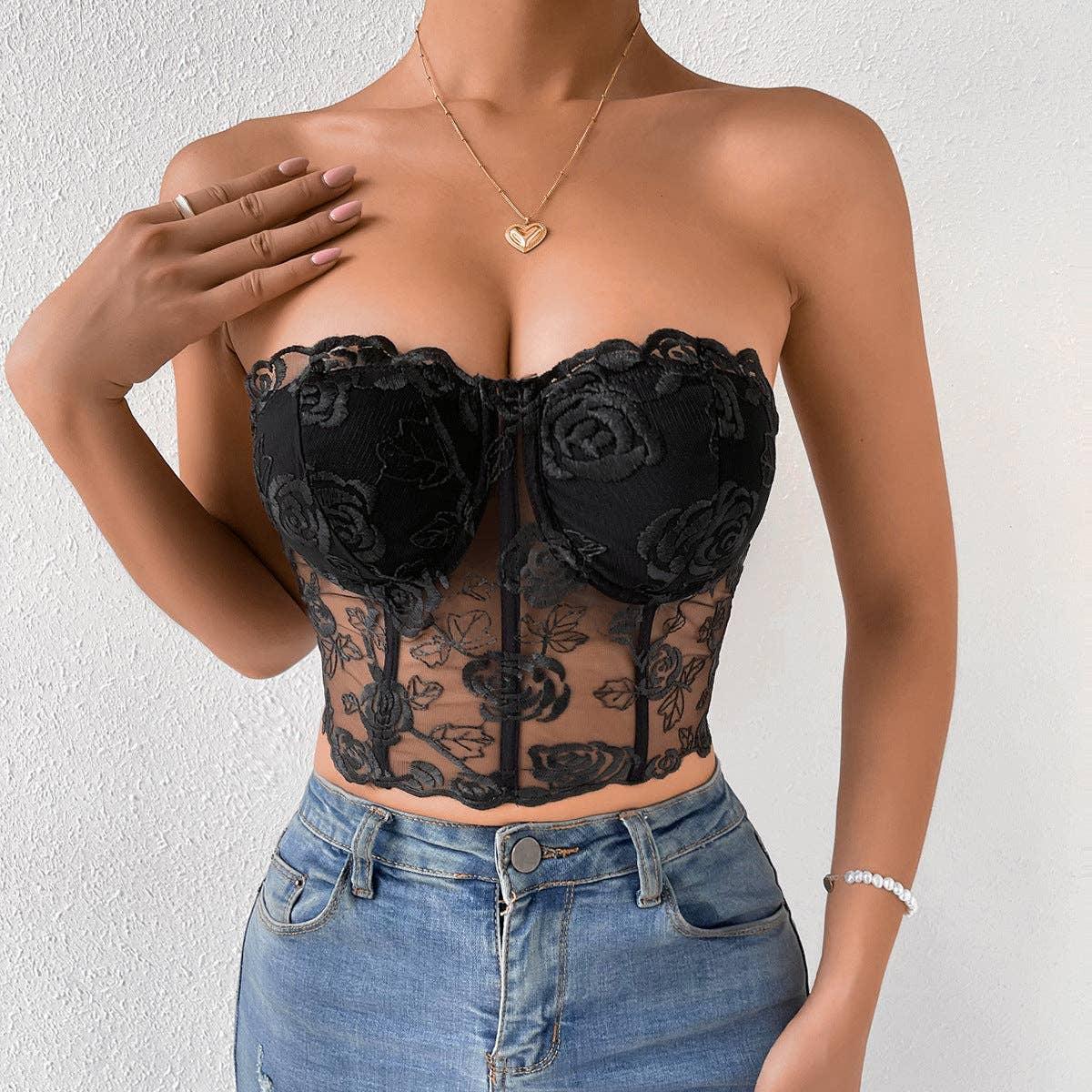 Ladies Sexy Rose Lace Strapless Corset