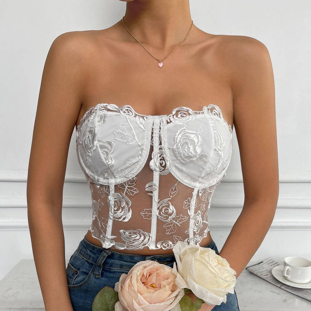 Ladies Sexy Rose Lace Strapless Corset