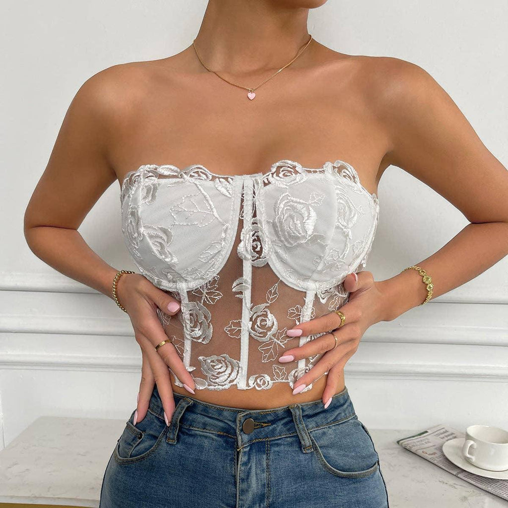 Ladies Sexy Rose Lace Strapless Corset