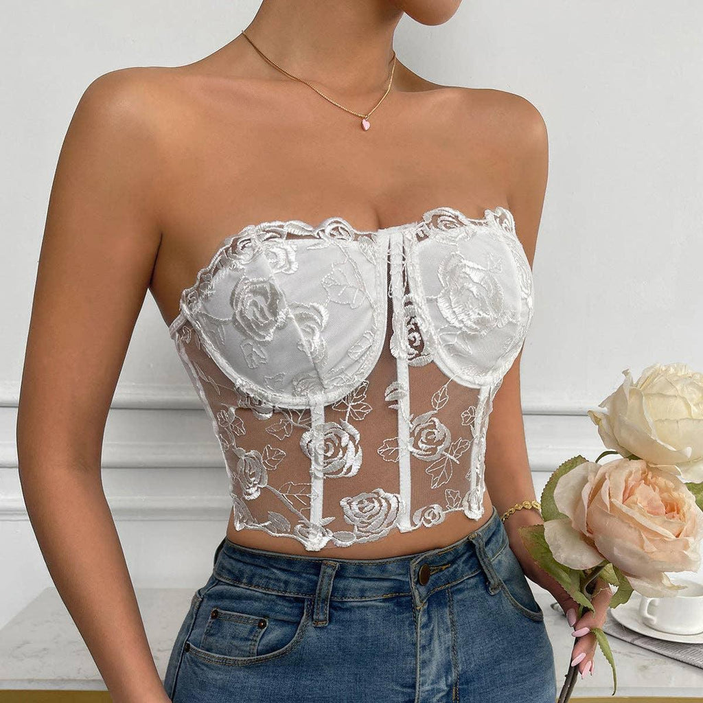 Ladies Sexy Rose Lace Strapless Corset