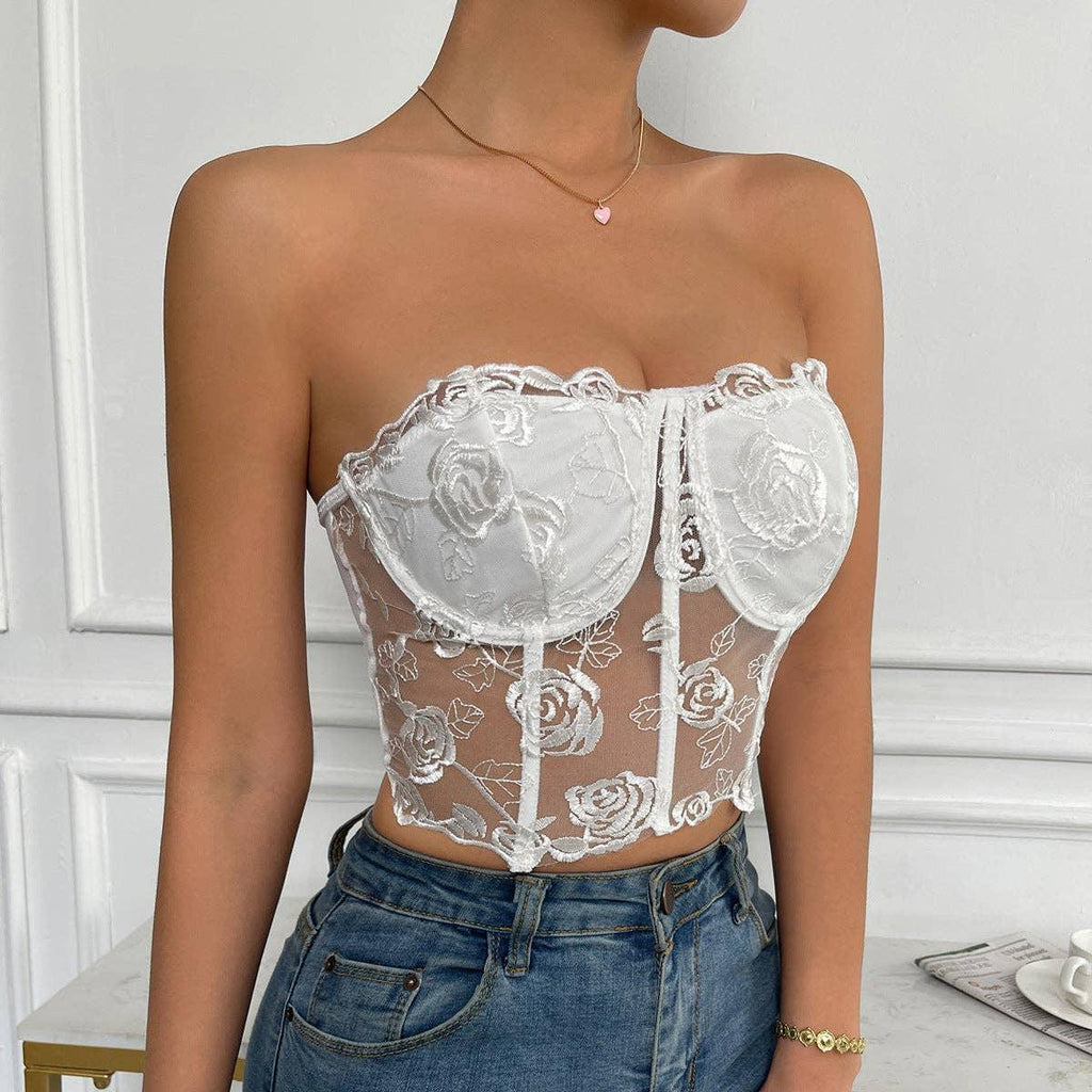 Ladies Sexy Rose Lace Strapless Corset