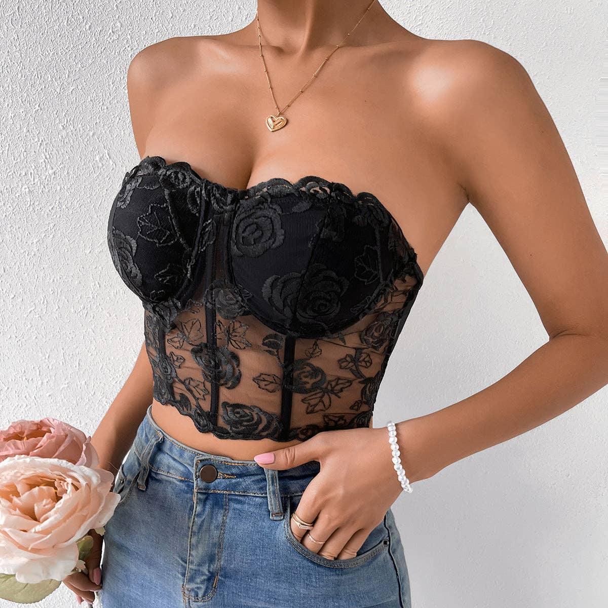 Ladies Sexy Rose Lace Strapless Corset