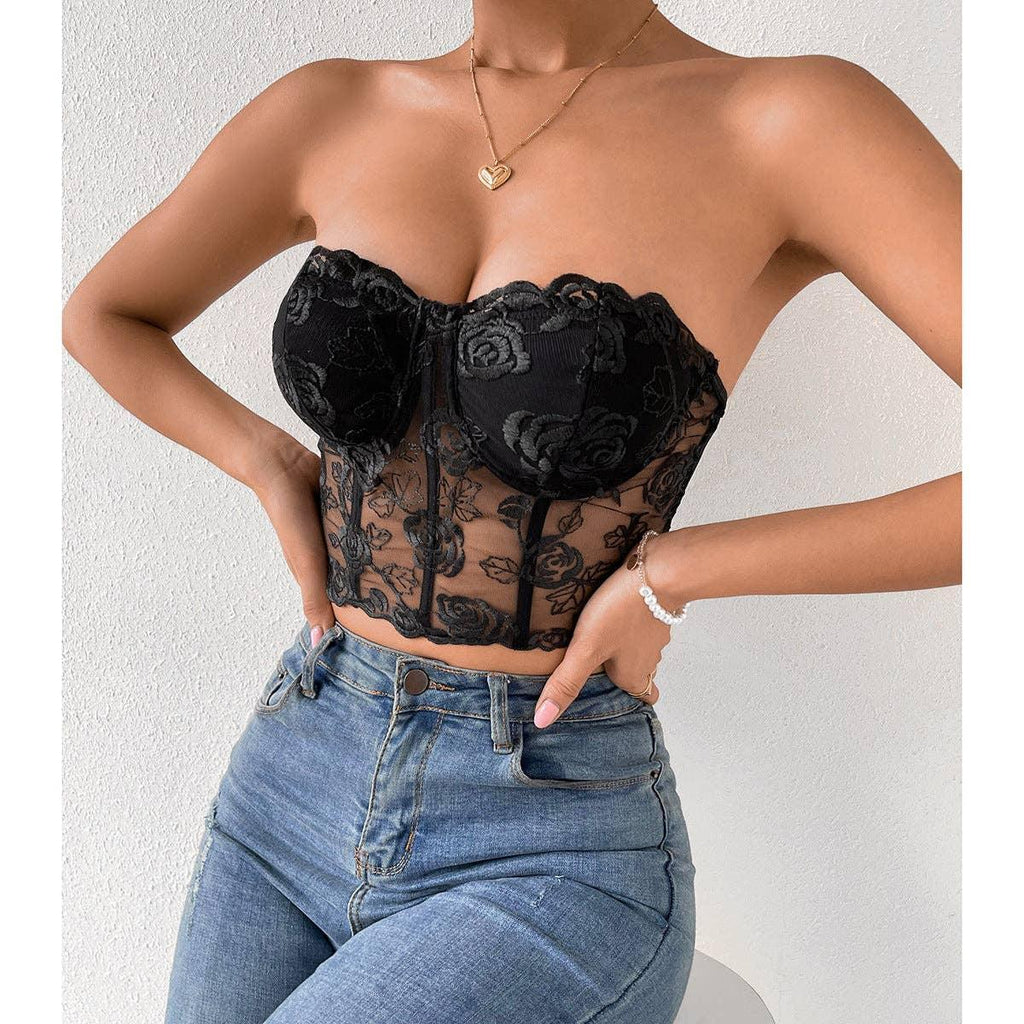 Ladies Sexy Rose Lace Strapless Corset