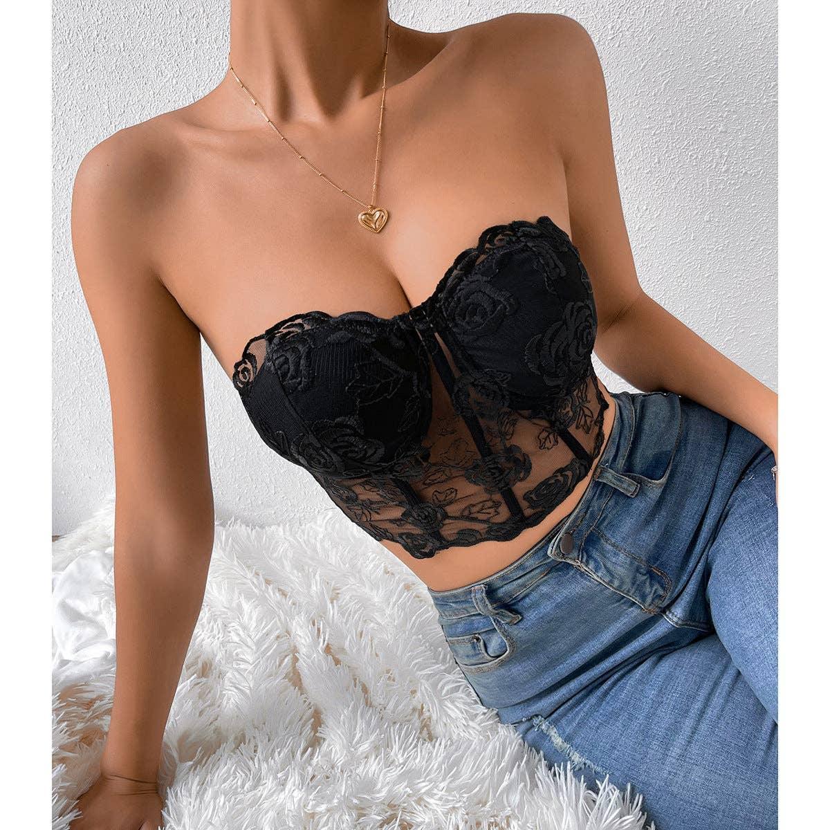 Ladies Sexy Rose Lace Strapless Corset
