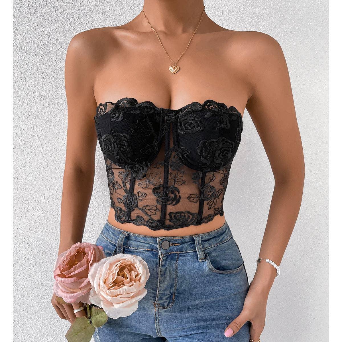 Ladies Sexy Rose Lace Strapless Corset