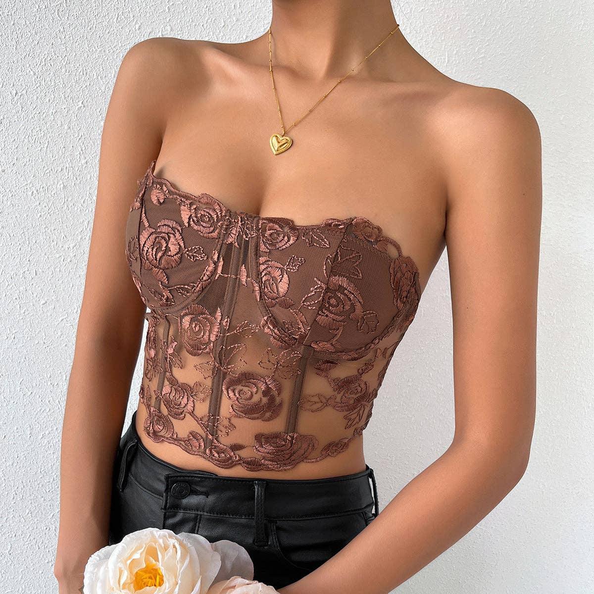 Ladies Sexy Rose Lace Strapless Corset