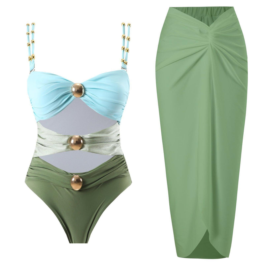 Ladies Shoulder Straps Backless One Piece Swimwear with Skirt Y332-1
