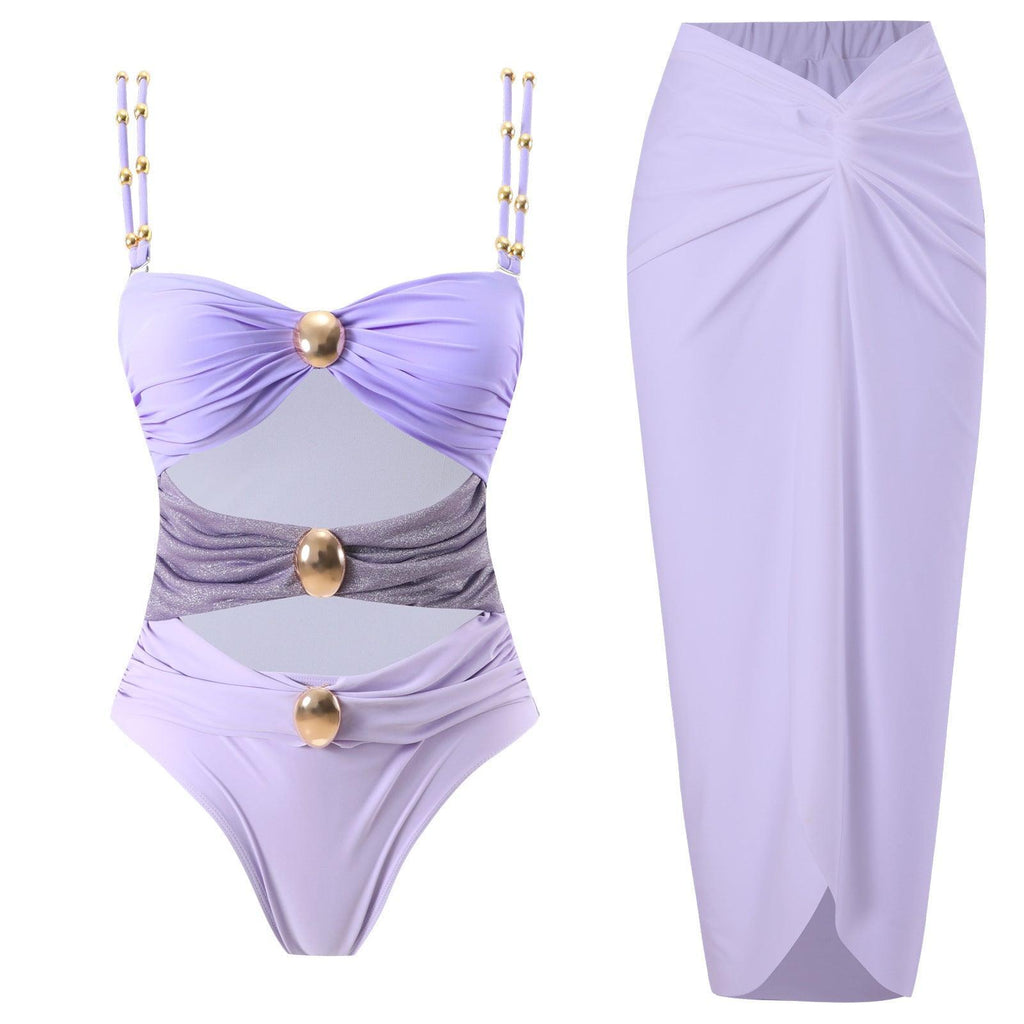 Ladies Shoulder Straps Backless One Piece Swimwear with Skirt Y332-1