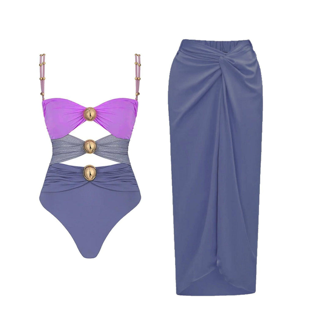 Ladies Shoulder Straps Backless One Piece Swimwear with Skirt Y332-1
