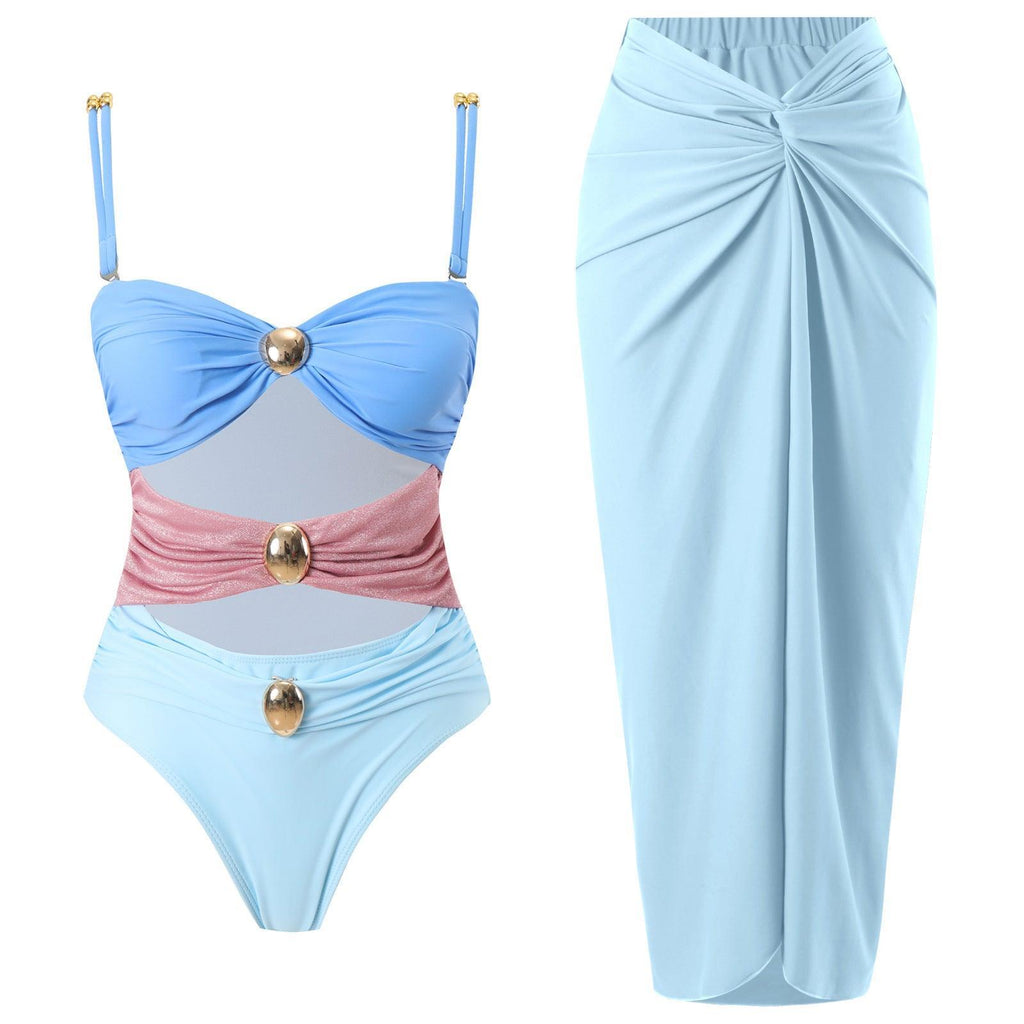 Ladies Shoulder Straps Backless One Piece Swimwear with Skirt Y332-1