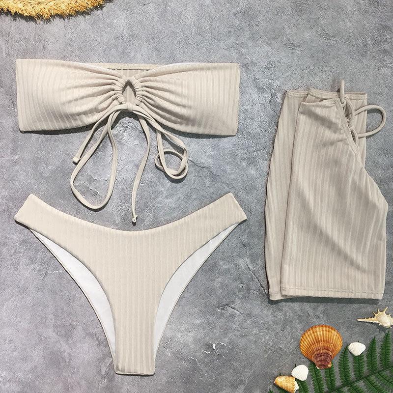 Ladies Solid Color Lace Up Bikini Set with Cover 2606