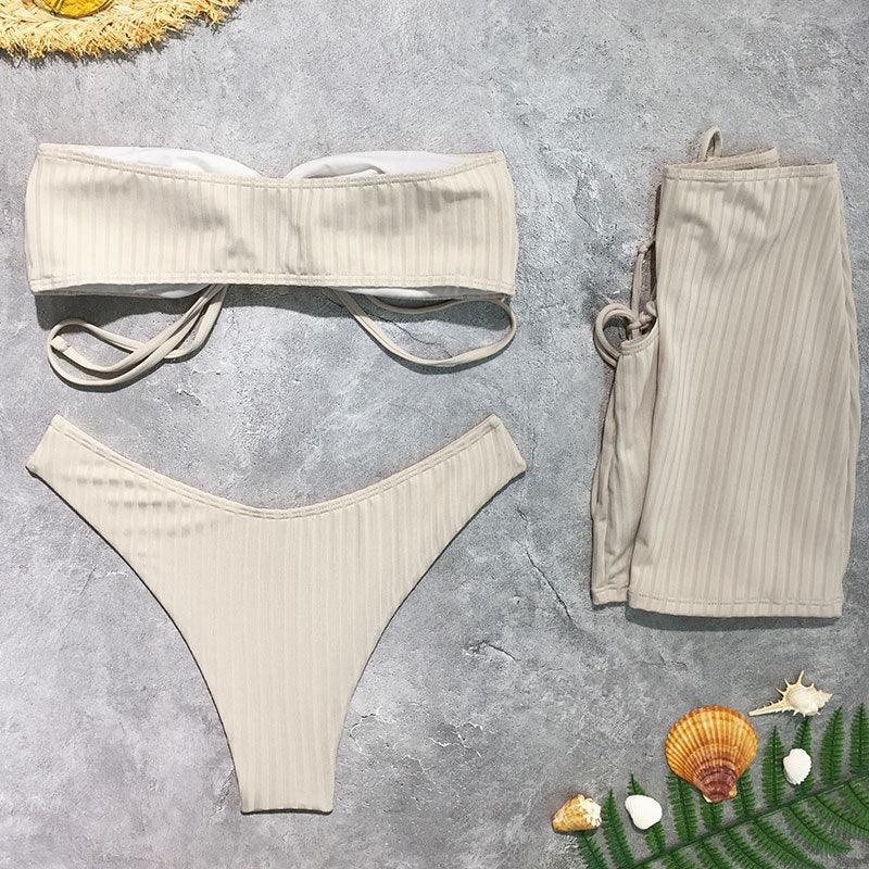 Ladies Solid Color Lace Up Bikini Set with Cover 2606