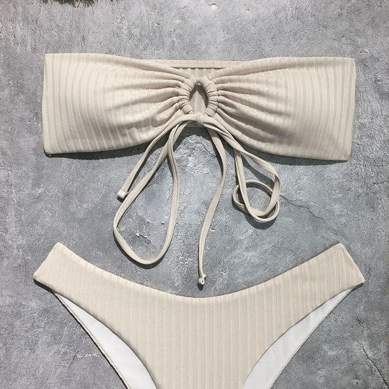 Ladies Solid Color Lace Up Bikini Set with Cover 2606