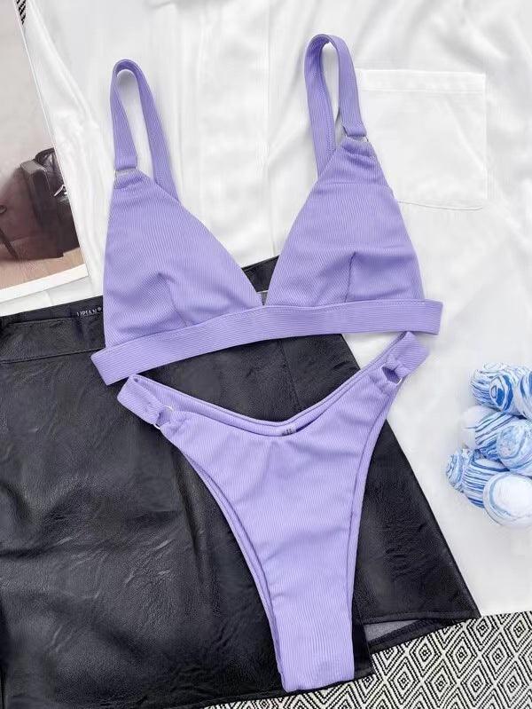 Ladies Solid Color Shoulder Straps Bikini Set 8BK3WST318