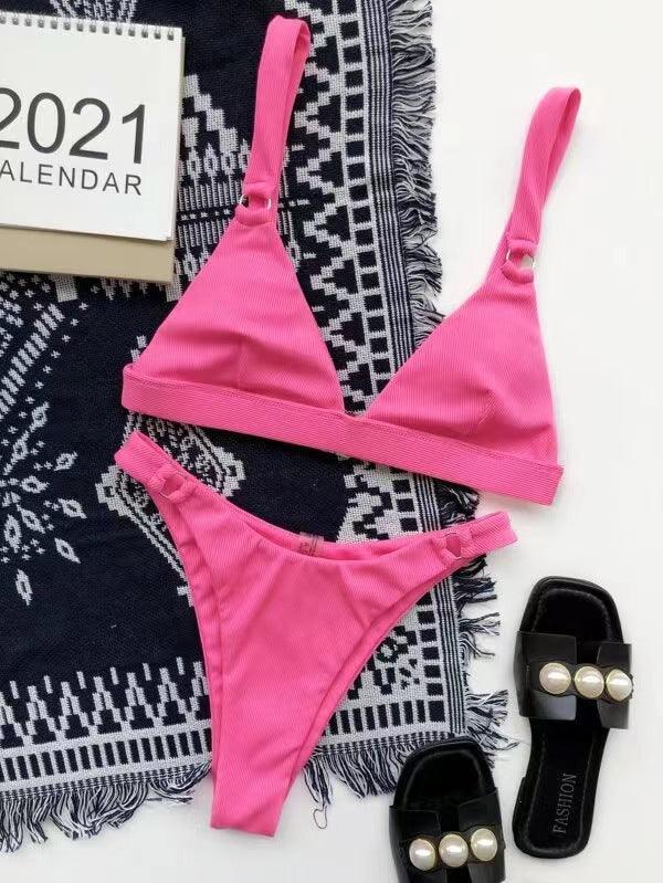 Ladies Solid Color Shoulder Straps Bikini Set 8BK3WST318