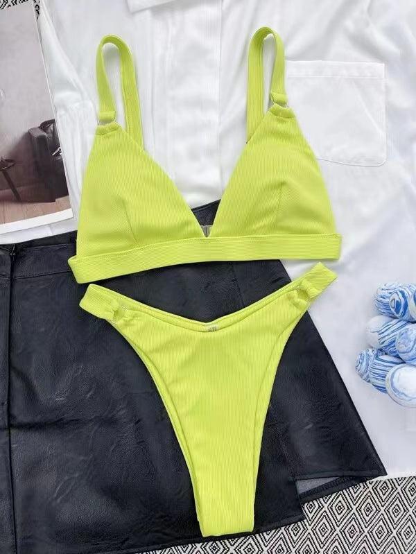 Ladies Solid Color Shoulder Straps Bikini Set 8BK3WST318