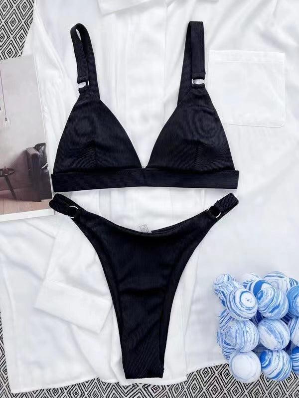 Ladies Solid Color Shoulder Straps Bikini Set 8BK3WST318
