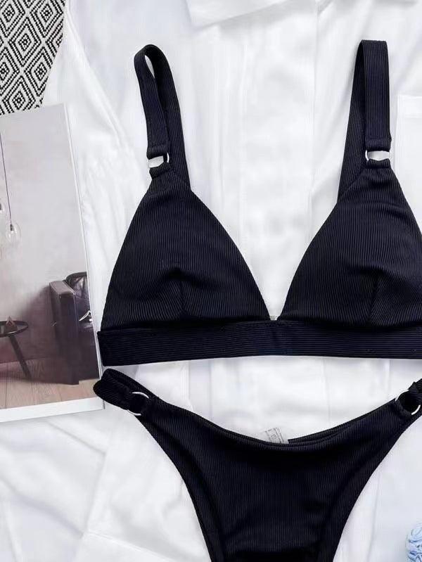 Ladies Solid Color Shoulder Straps Bikini Set 8BK3WST318