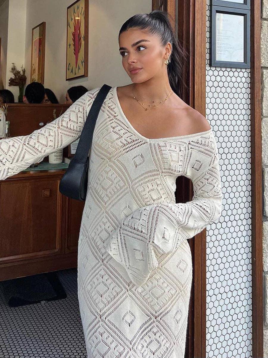Ladies V-Neck Argyle Long Sleeves Knit Maxi Dress 5641
