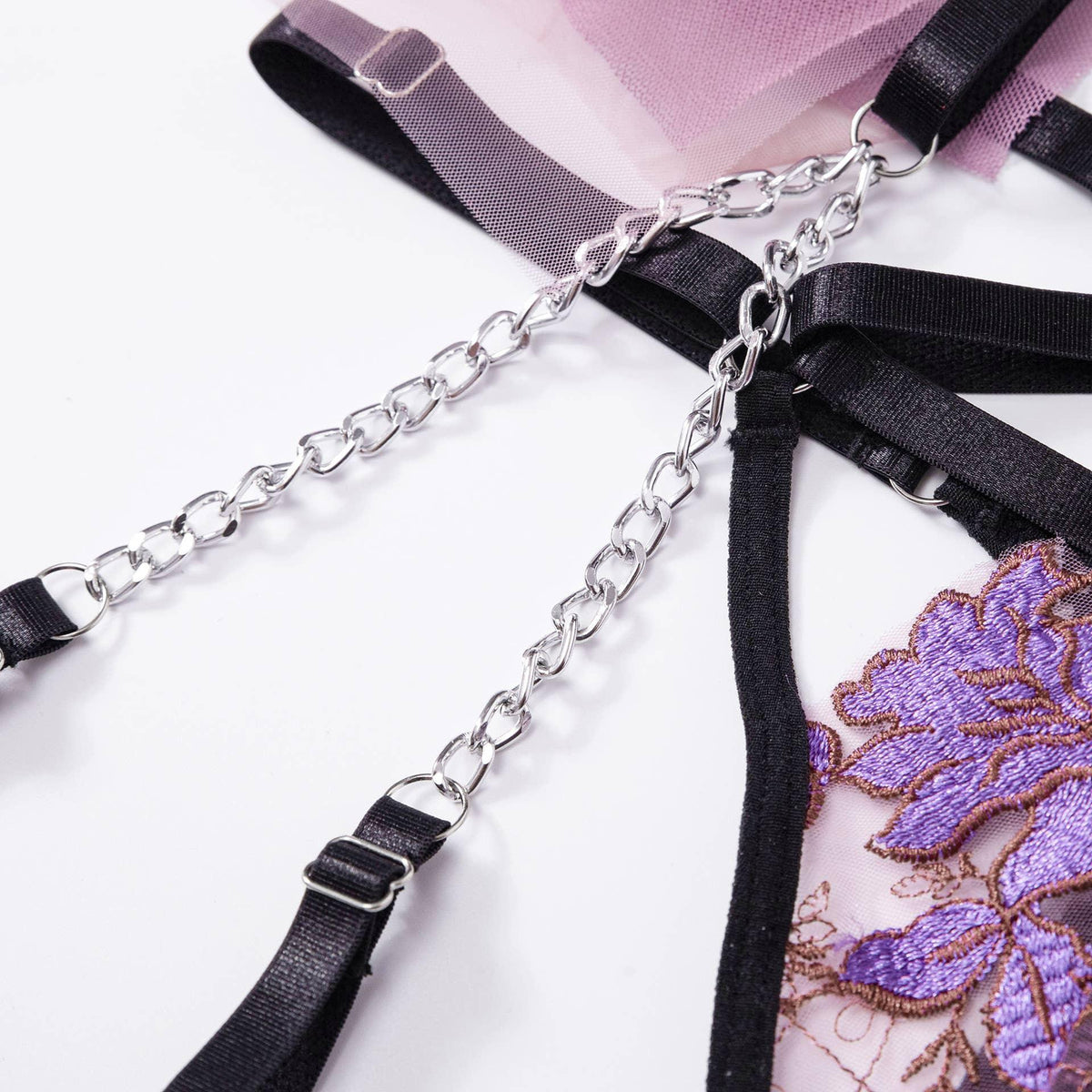 Ladies Violet Embroidery Lingerie Set with Garter Belt 2009