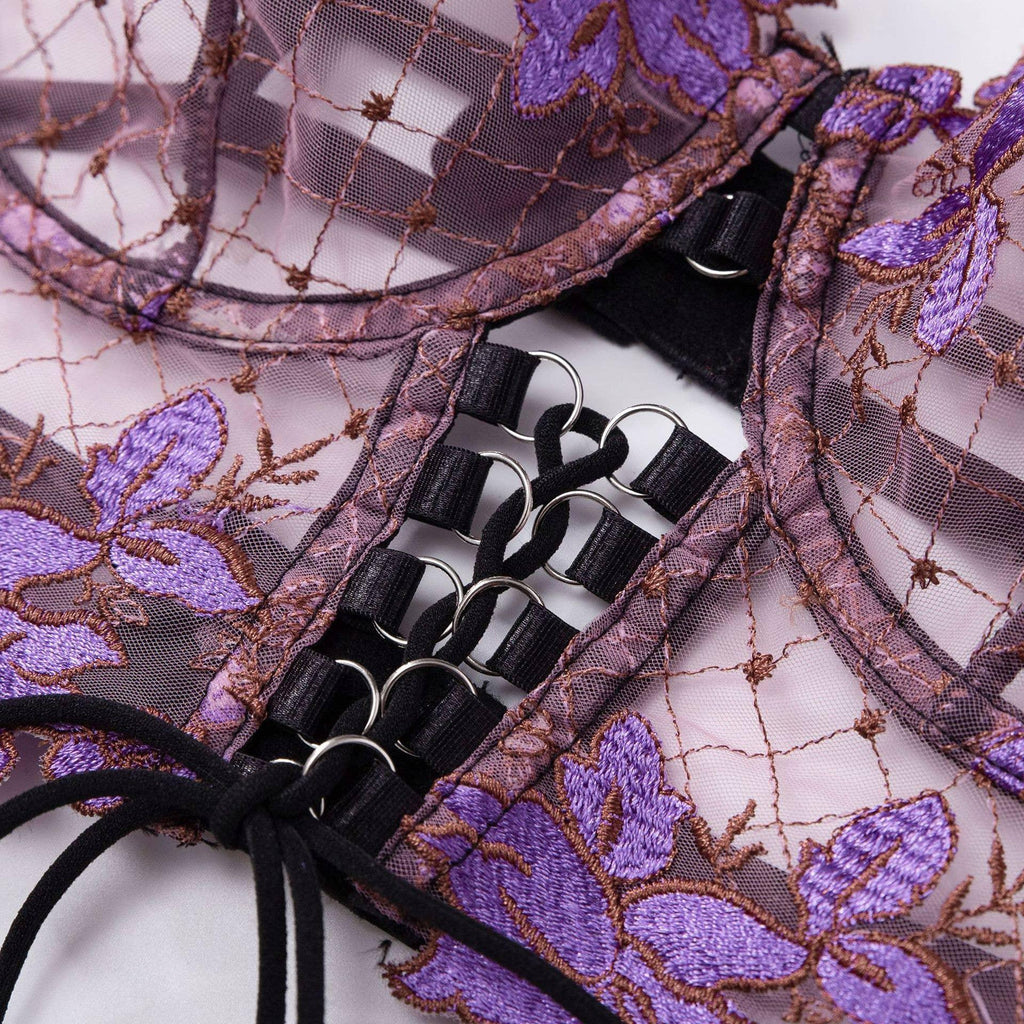 Ladies Violet Embroidery Lingerie Set with Garter Belt 2009