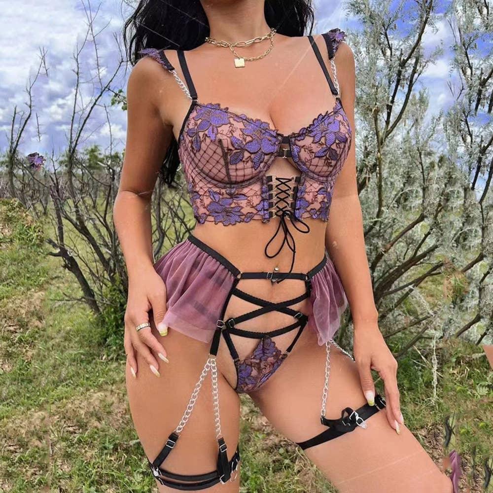 Ladies Violet Embroidery Lingerie Set with Garter Belt 2009