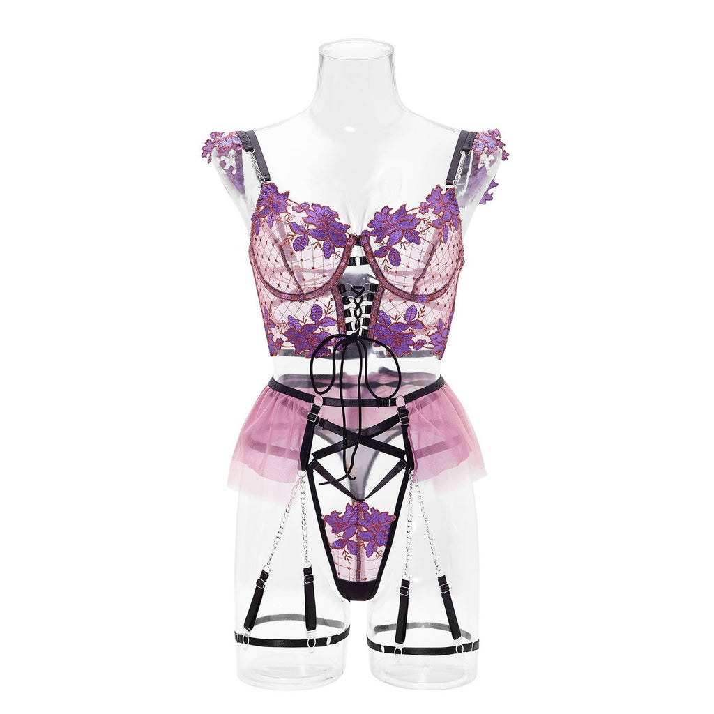 Ladies Violet Embroidery Lingerie Set with Garter Belt 2009