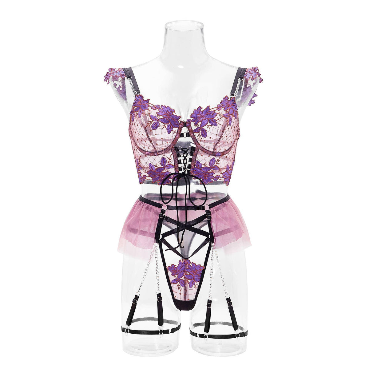 Ladies Violet Embroidery Lingerie Set with Garter Belt 2009