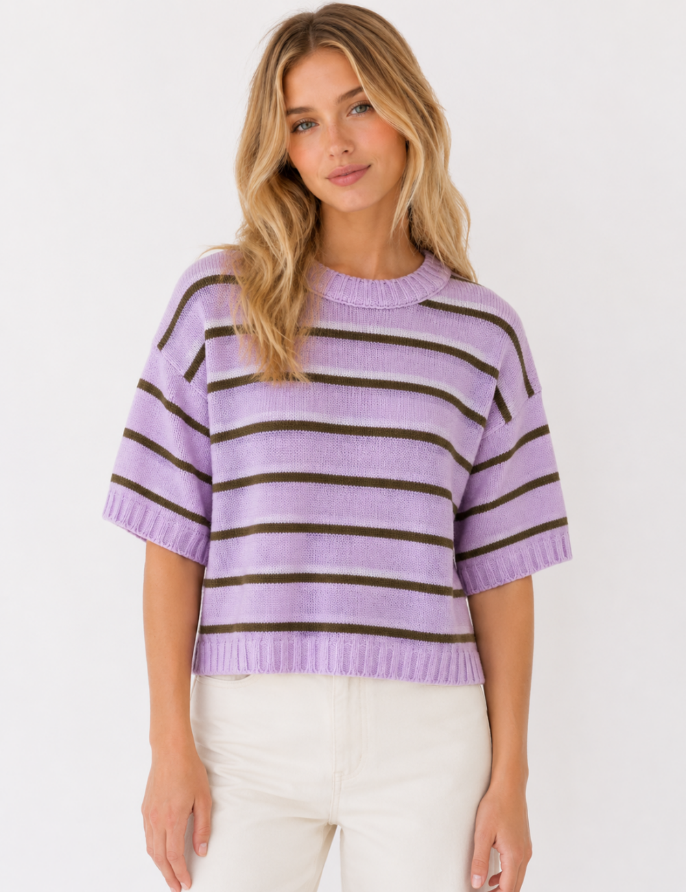 Ladies Horizontal Stripes Crew Neck Short Sleeve Knit Top
