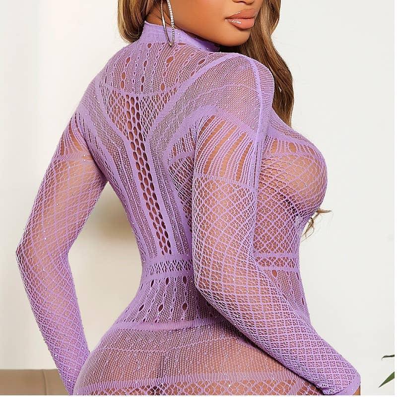 Long Sleeves Fishnet See Through Bodystocking Dress