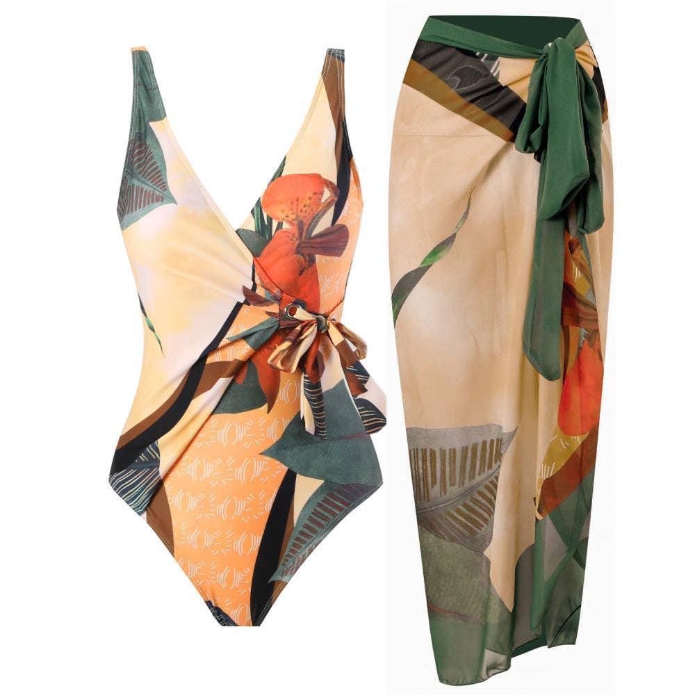 Multicolor Floral Print One Piece Swimweai with Cover