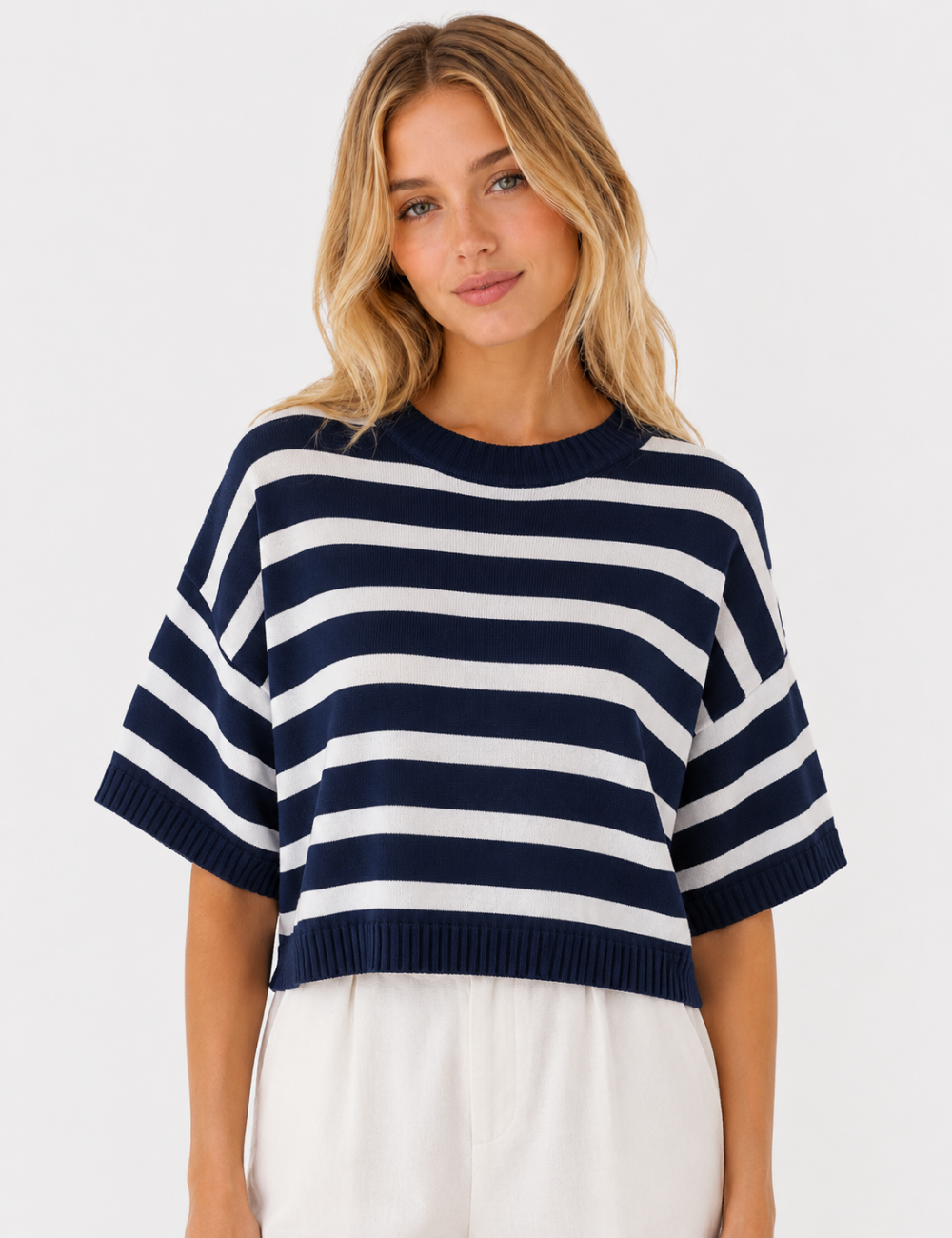 Ladies Horizontal Stripes Crew Neck Short Sleeve Knit Top