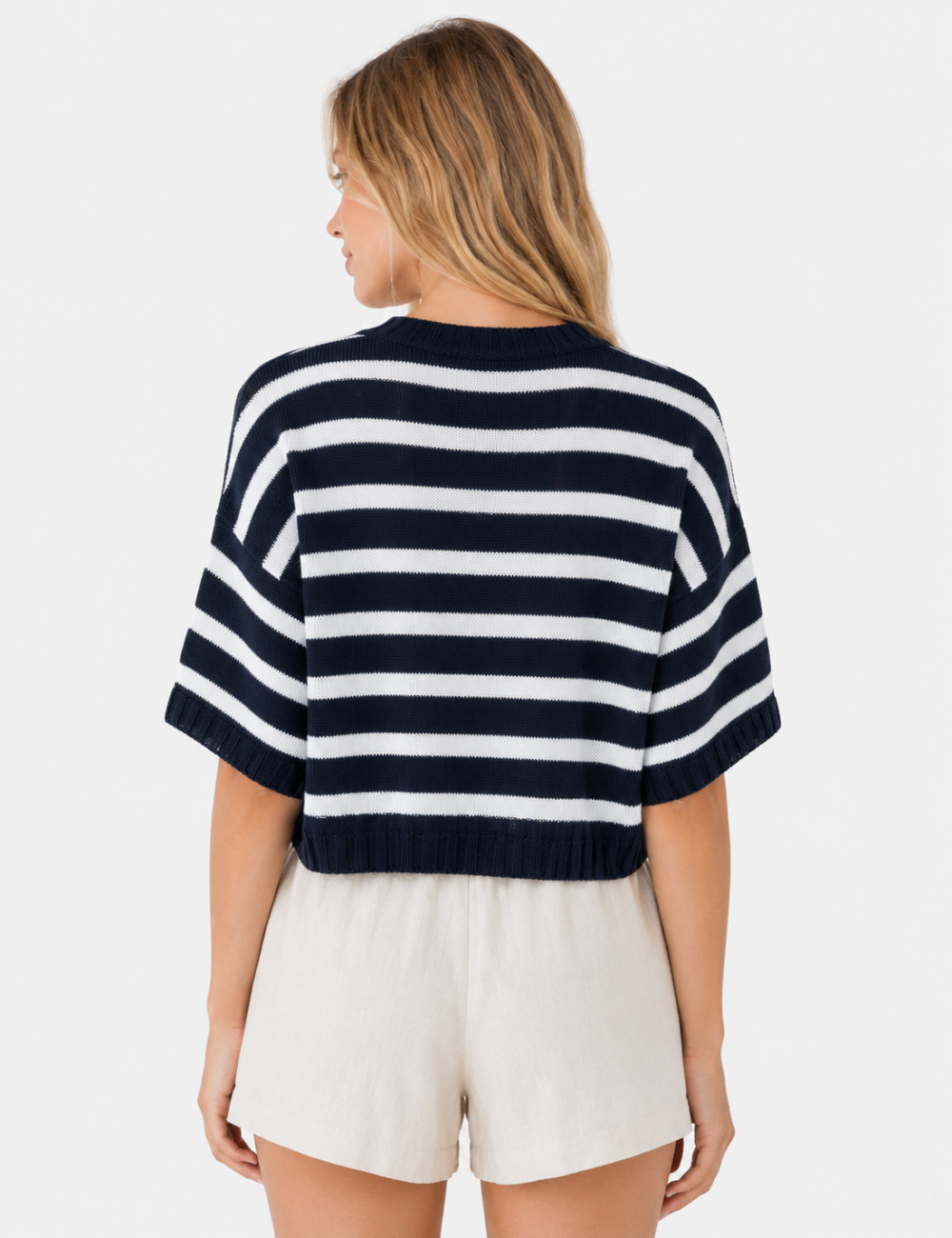 Ladies Horizontal Stripes Crew Neck Short Sleeve Knit Top