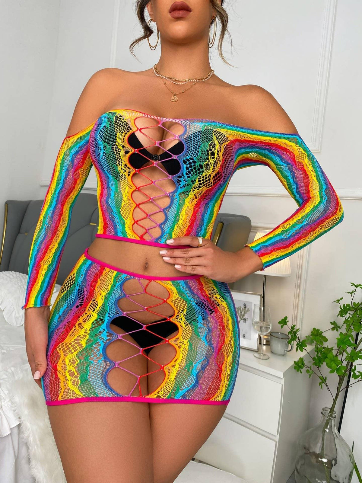 Off Shoulder Rainbow Color Fishnet Bodystocking CS05