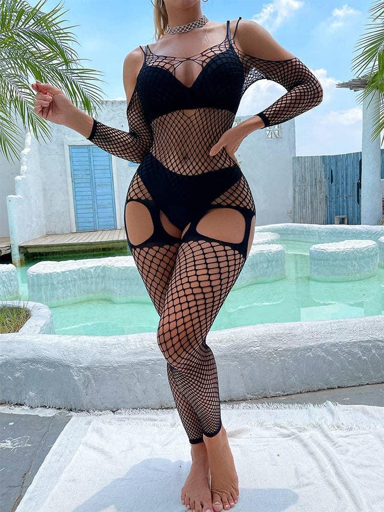 Off Sleeves Crisscross Sexy Mesh Bodystocking