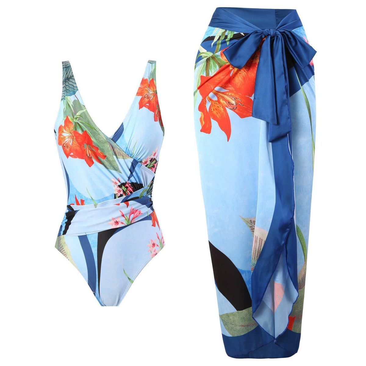 Open Back Wrap Front One Piece Swimsuit with Cover Up