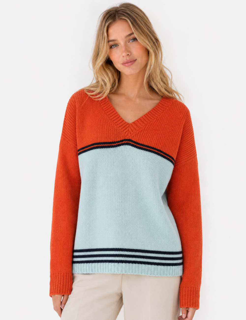 Ladies Long Drop Shoulder Sleeves V Neck Sweater
