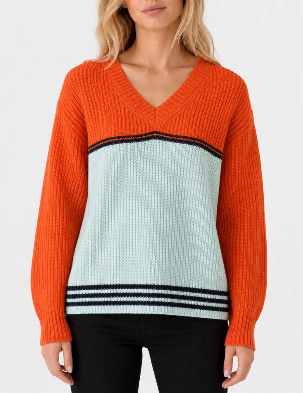 Ladies Long Drop Shoulder Sleeves V Neck Sweater