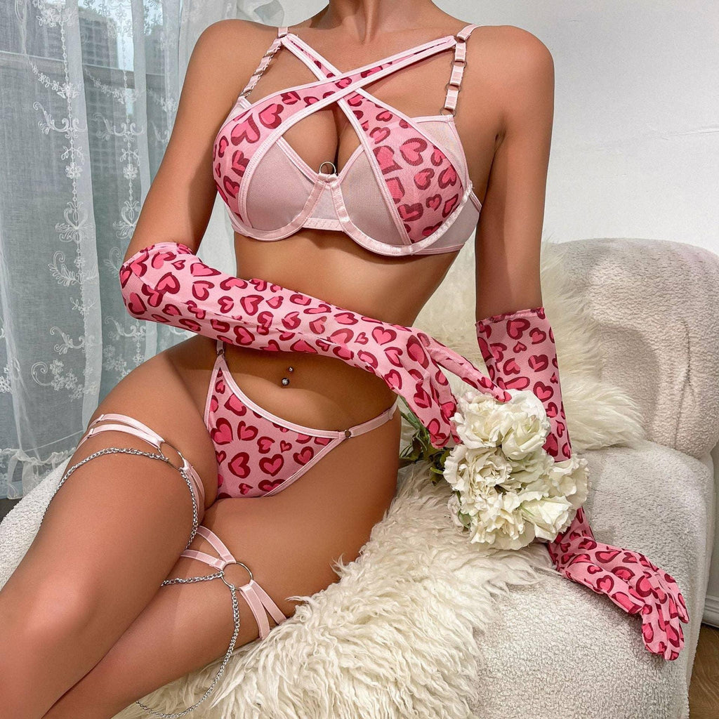 Pink Leopard Print Lingerie Set