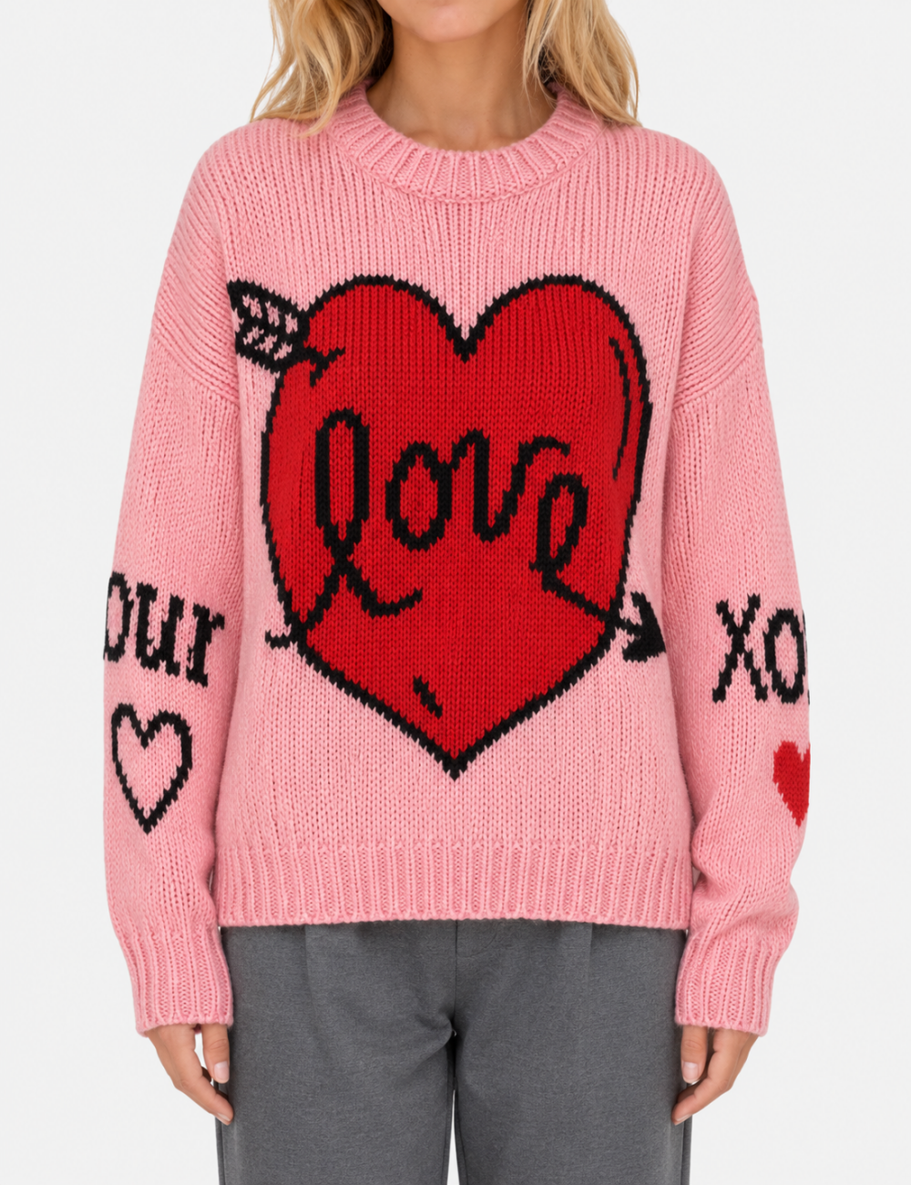 Ladies Love Heart Pattern Crew Neck Knit Sweater
