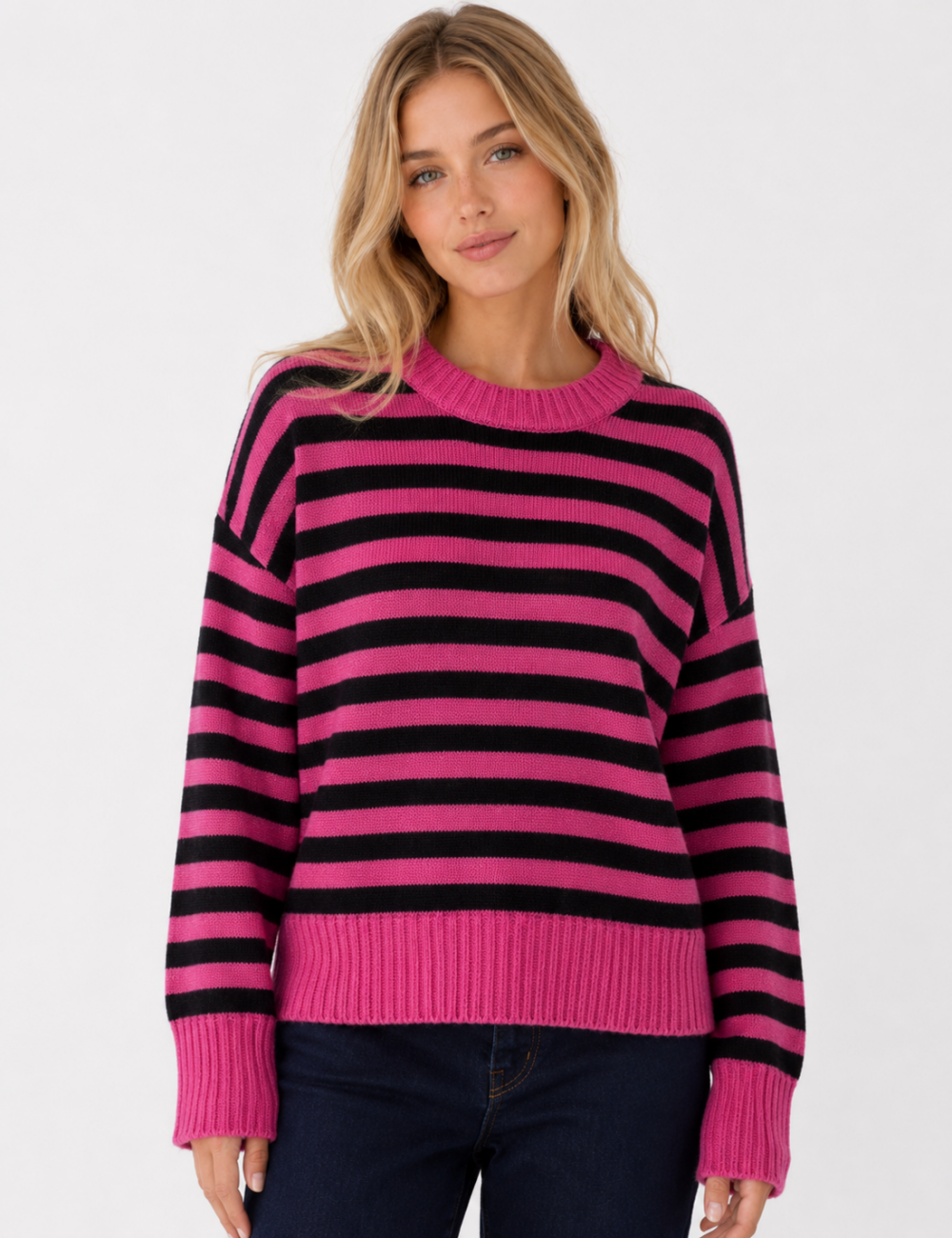 Ladies Horizontal Stripe Crew Neck Drop Shoulder Knit Sweater