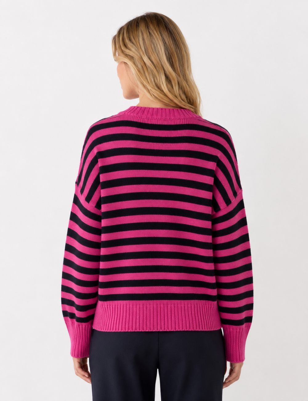 Ladies Horizontal Stripe Crew Neck Drop Shoulder Knit Sweater