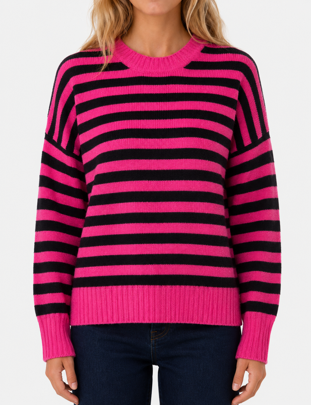 Ladies Horizontal Stripe Crew Neck Drop Shoulder Knit Sweater